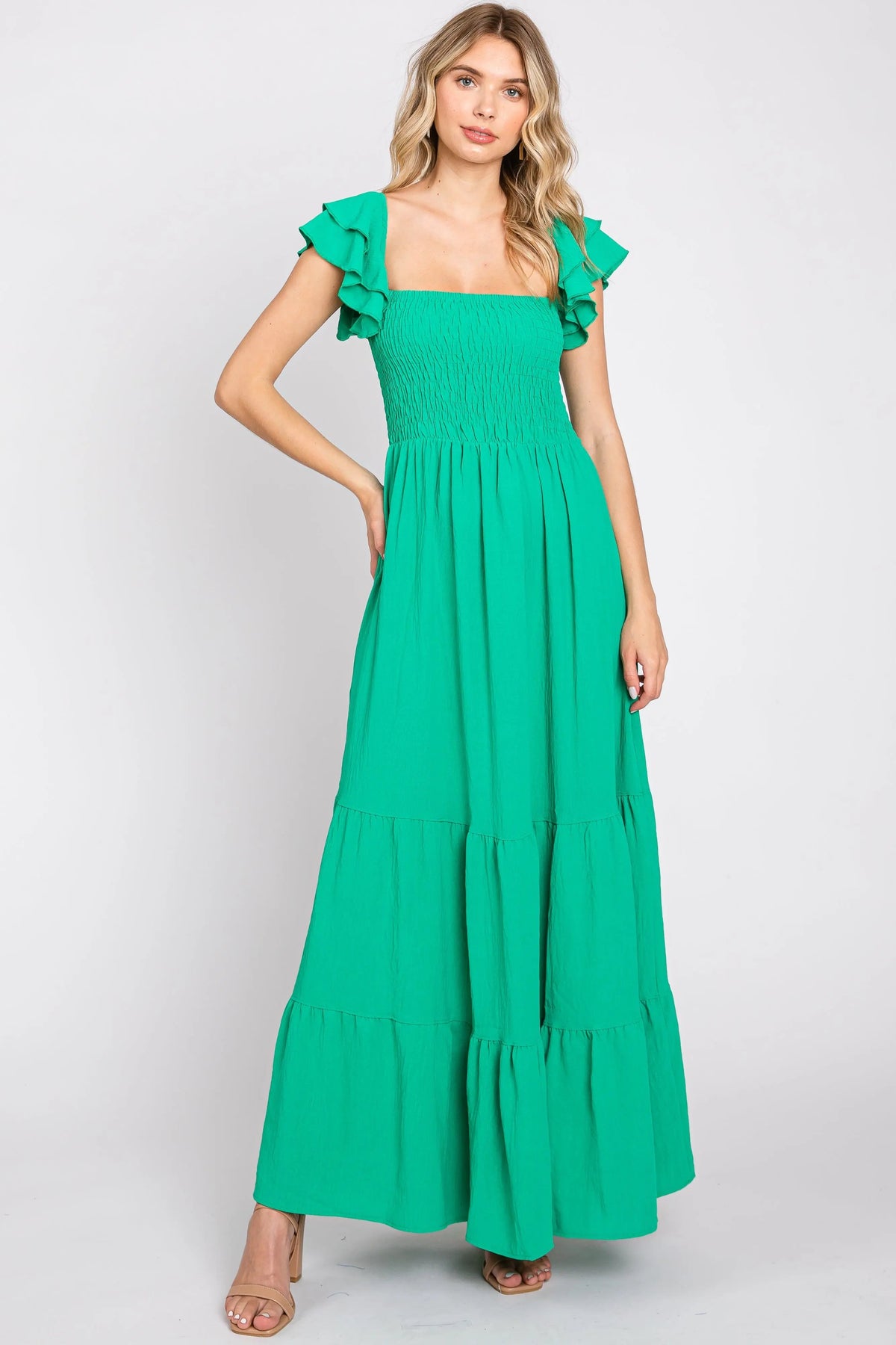 PinkBlush Green Smocked Ruffle Off Shoulder Tiered Maternity Maxi Dress - 