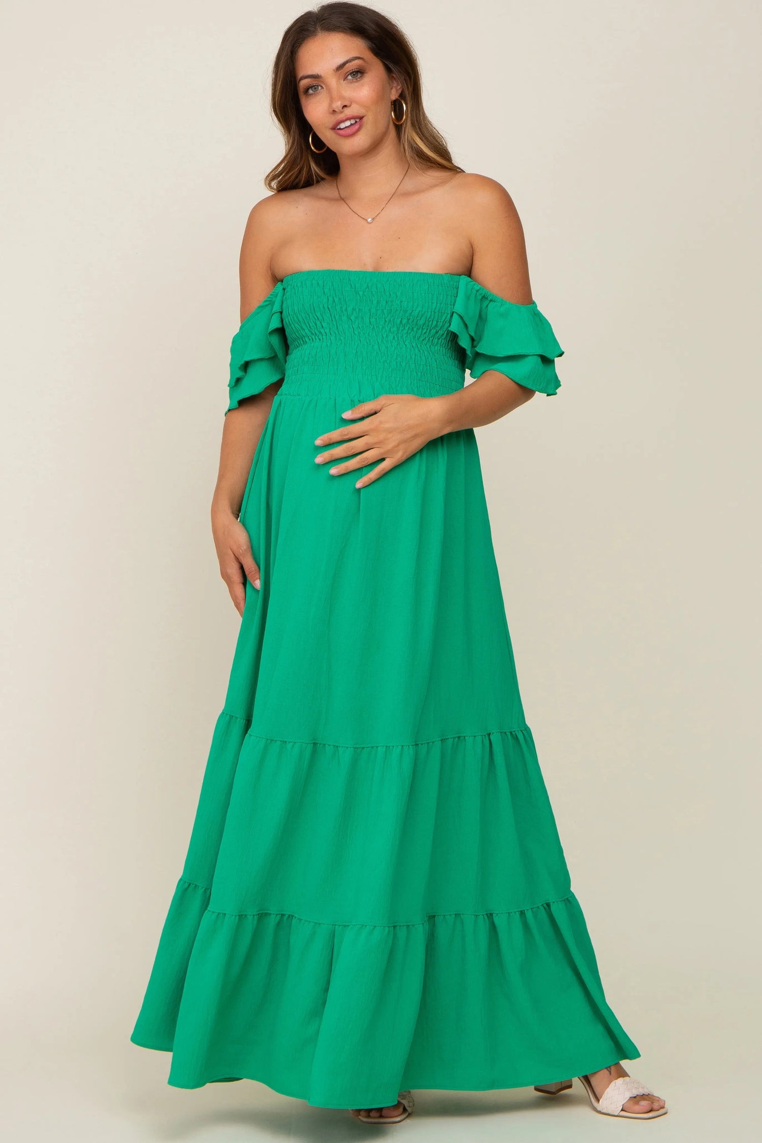 Green Smocked Ruffle Off Shoulder Tiered Maternity Maxi Dress - Dress, One-piece garment, Day Dress, Formal wear, Gown | Everetts Place
