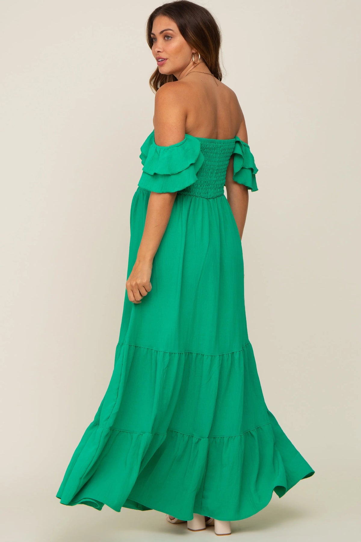 PinkBlush Green Smocked Ruffle Off Shoulder Tiered Maternity Maxi Dress - 