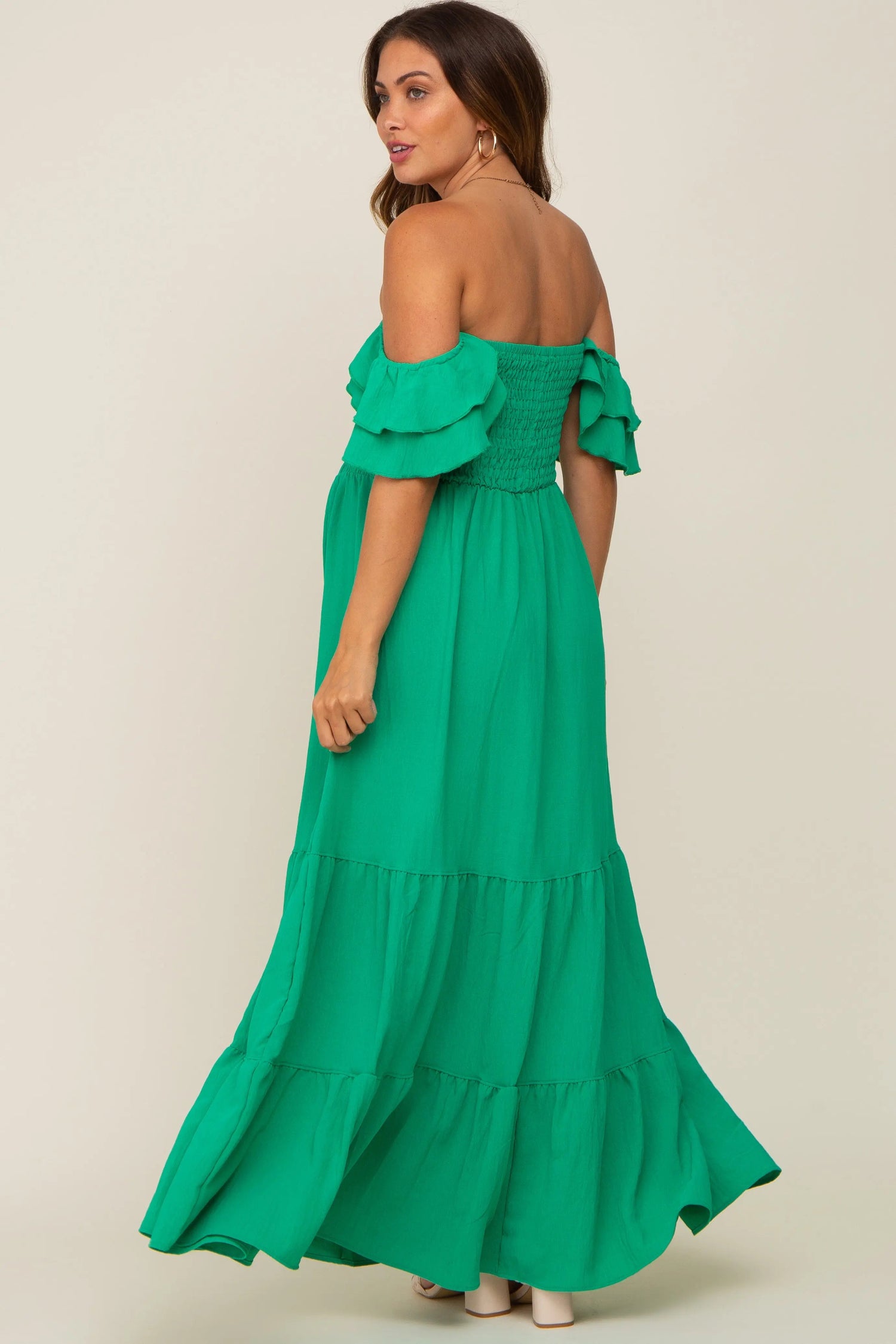 PinkBlush Green Smocked Ruffle Off Shoulder Tiered Maternity Maxi Dress - 