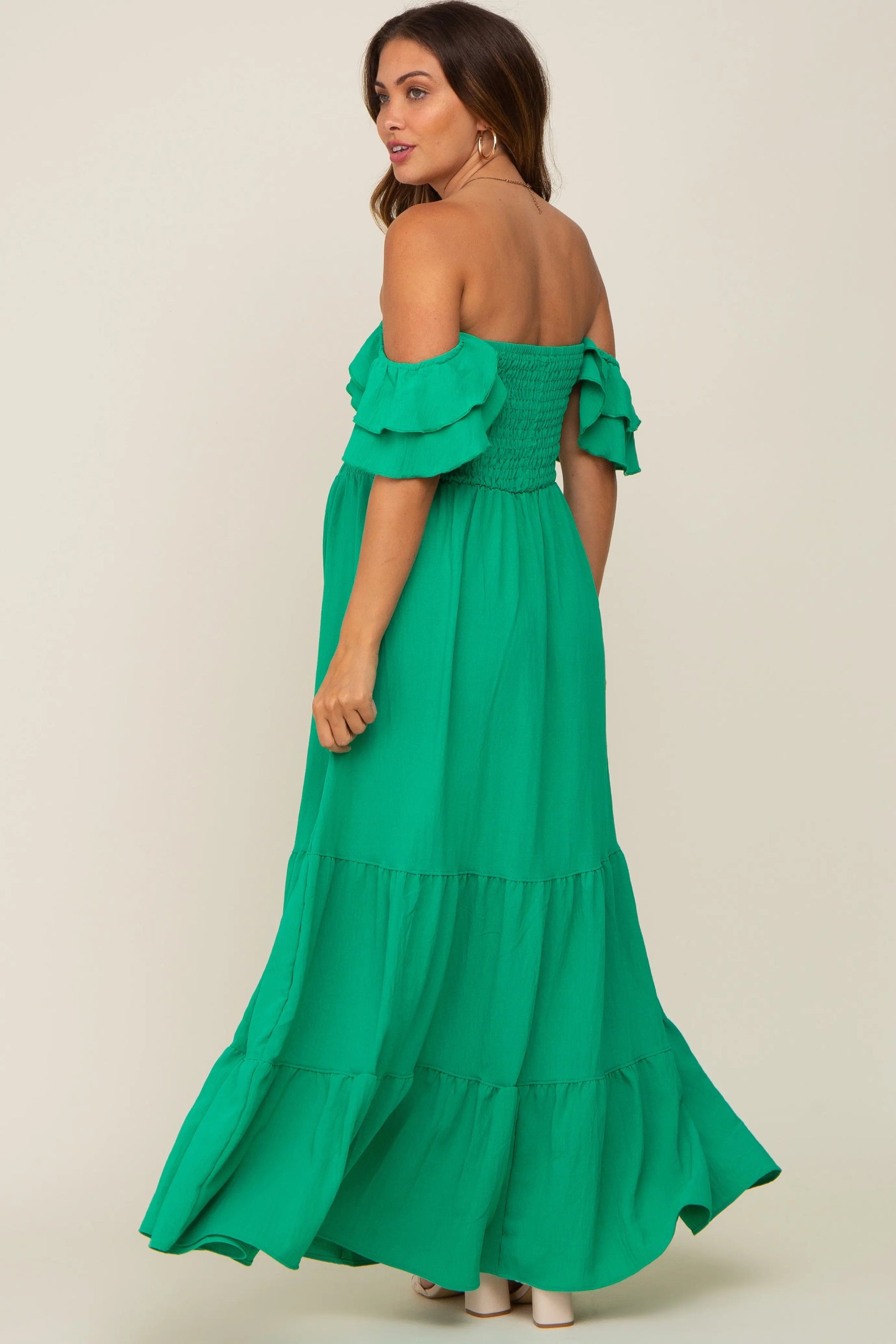 PinkBlush Green Smocked Ruffle Off Shoulder Tiered Maternity Maxi Dress - 