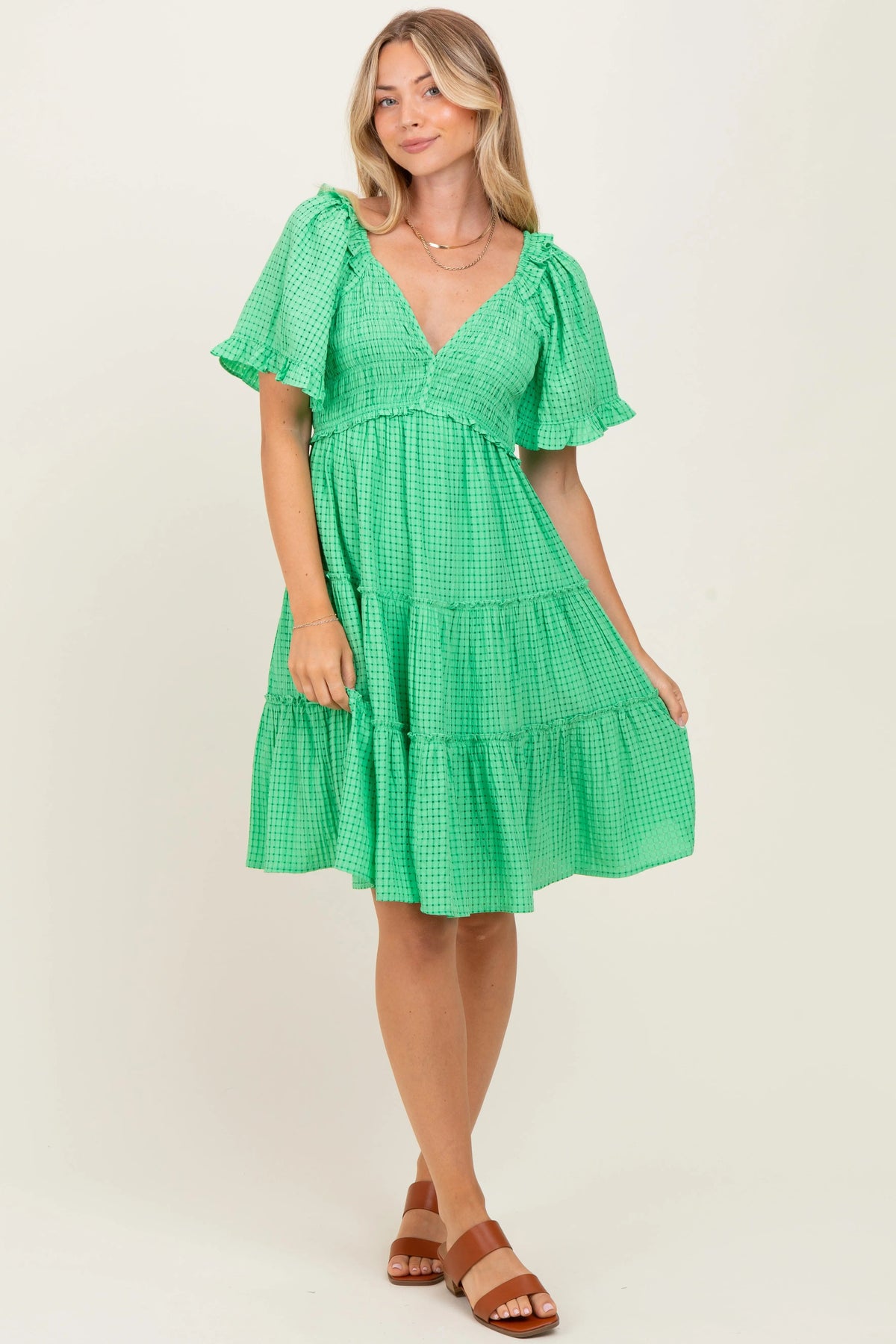 PinkBlush Green Smocked V - Neck Ruffle Short Sleeve Tiered Maternity Dress - 