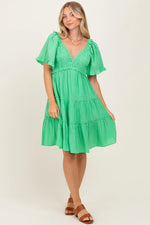 PinkBlush Green Smocked V - Neck Ruffle Short Sleeve Tiered Maternity Dress - 