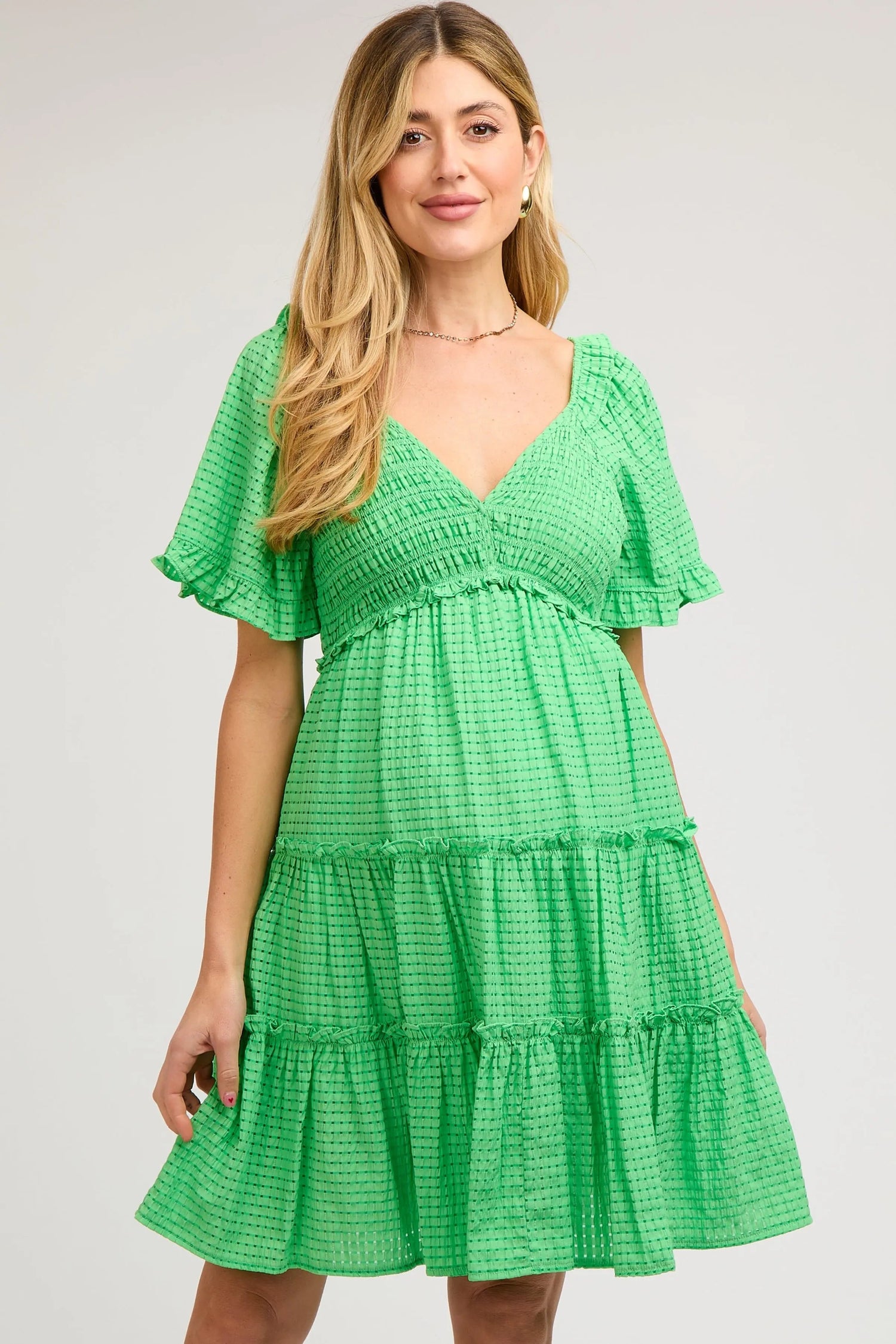 Green Smocked V-Neck Ruffle Short Sleeve Tiered Maternity Dress - Day Dress, Dress, One-piece garment, Ruffle, Cocktail dress | Everetts Place