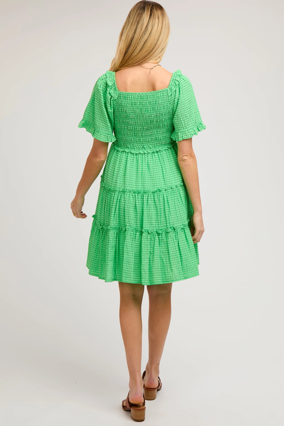 PinkBlush Green Smocked V - Neck Ruffle Short Sleeve Tiered Maternity Dress - 