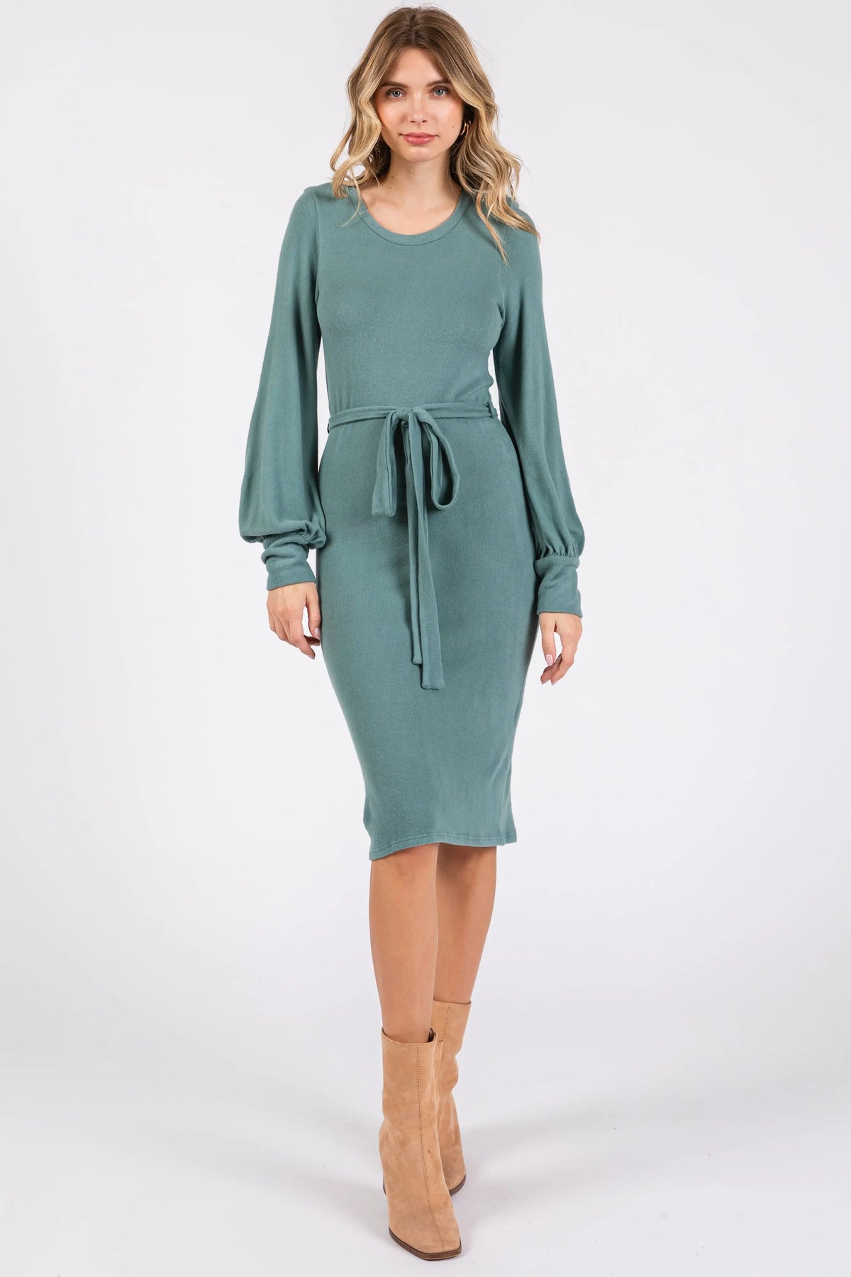 PinkBlush Green Soft Brushed Waist Tie Bubble Sleeve Dress - 
