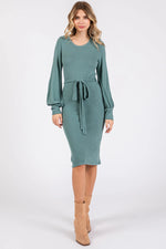 PinkBlush Green Soft Brushed Waist Tie Bubble Sleeve Dress - 