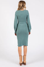 PinkBlush Green Soft Brushed Waist Tie Bubble Sleeve Dress - 