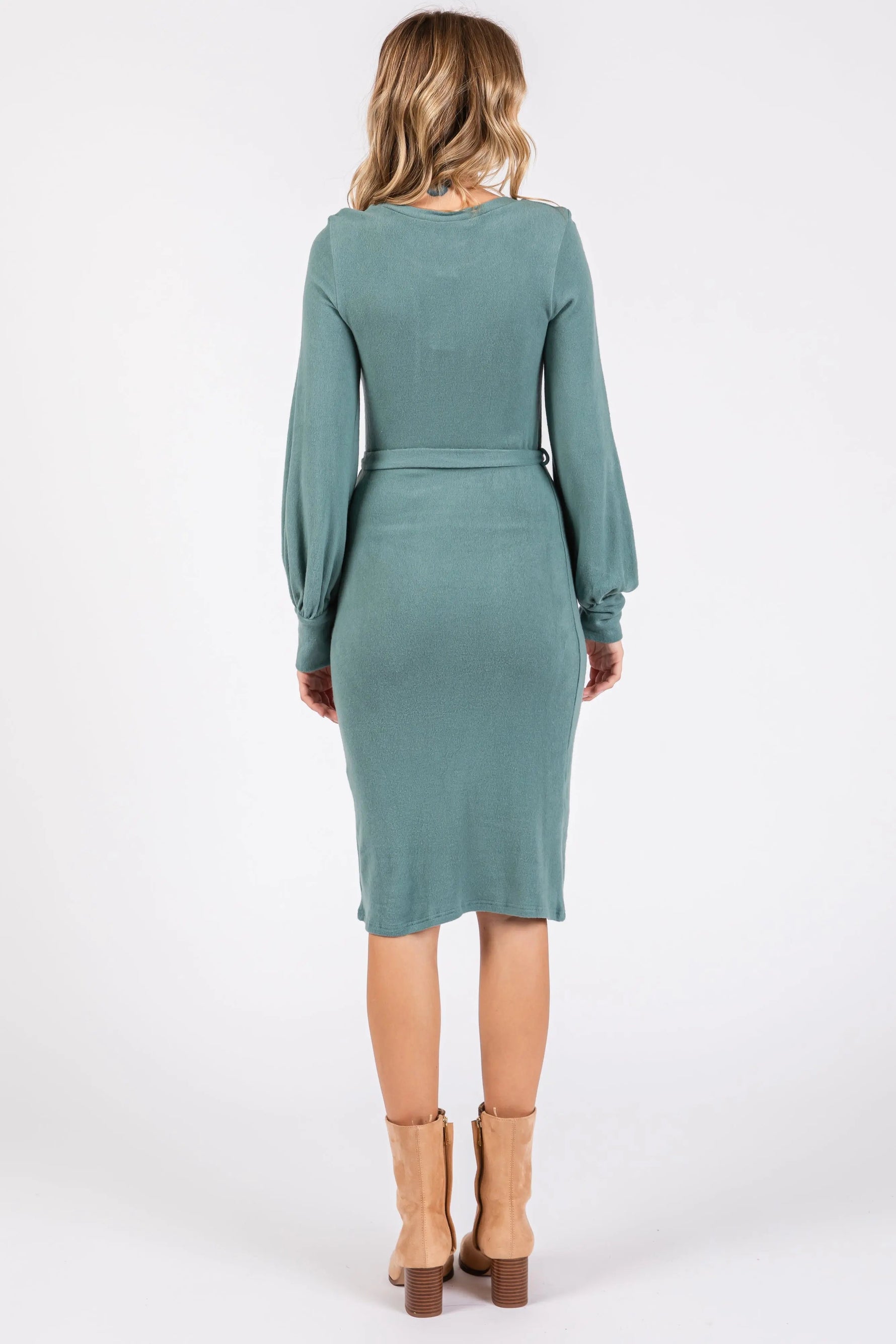 PinkBlush Green Soft Brushed Waist Tie Bubble Sleeve Dress - 