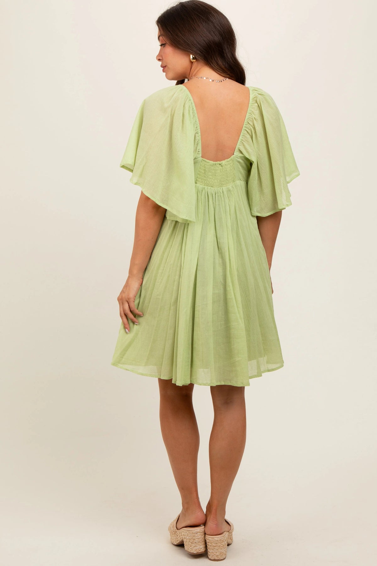 PinkBlush Green Square Neck Pleated Flutter Short Sleeve Maternity Dress - 