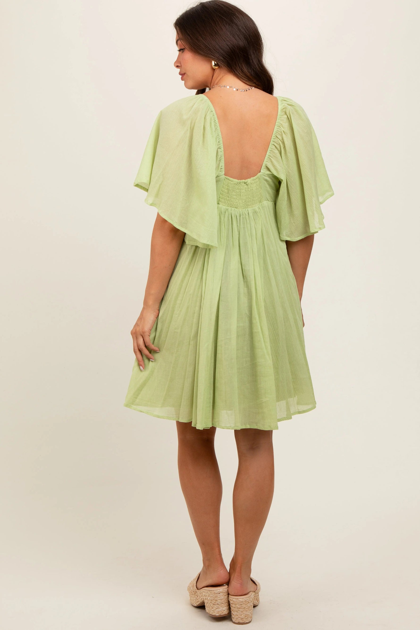 PinkBlush Green Square Neck Pleated Flutter Short Sleeve Maternity Dress - 