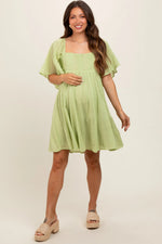 PinkBlush Green Square Neck Pleated Flutter Short Sleeve Maternity Dress - 