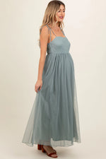 PinkBlush Green Square Neck Shoulder Tie Tulle Maternity Maxi Dress - 