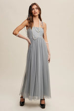 PinkBlush Green Square Neck Shoulder Tie Tulle Maternity Maxi Dress - 