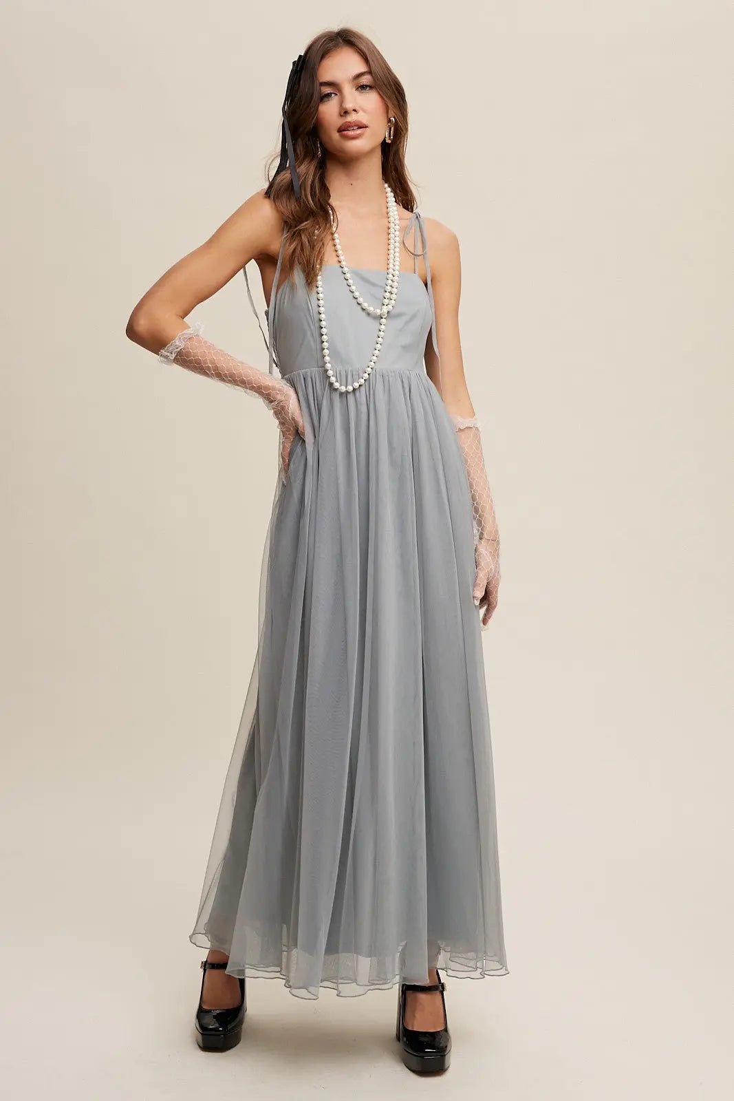 PinkBlush Green Square Neck Shoulder Tie Tulle Maternity Maxi Dress - 