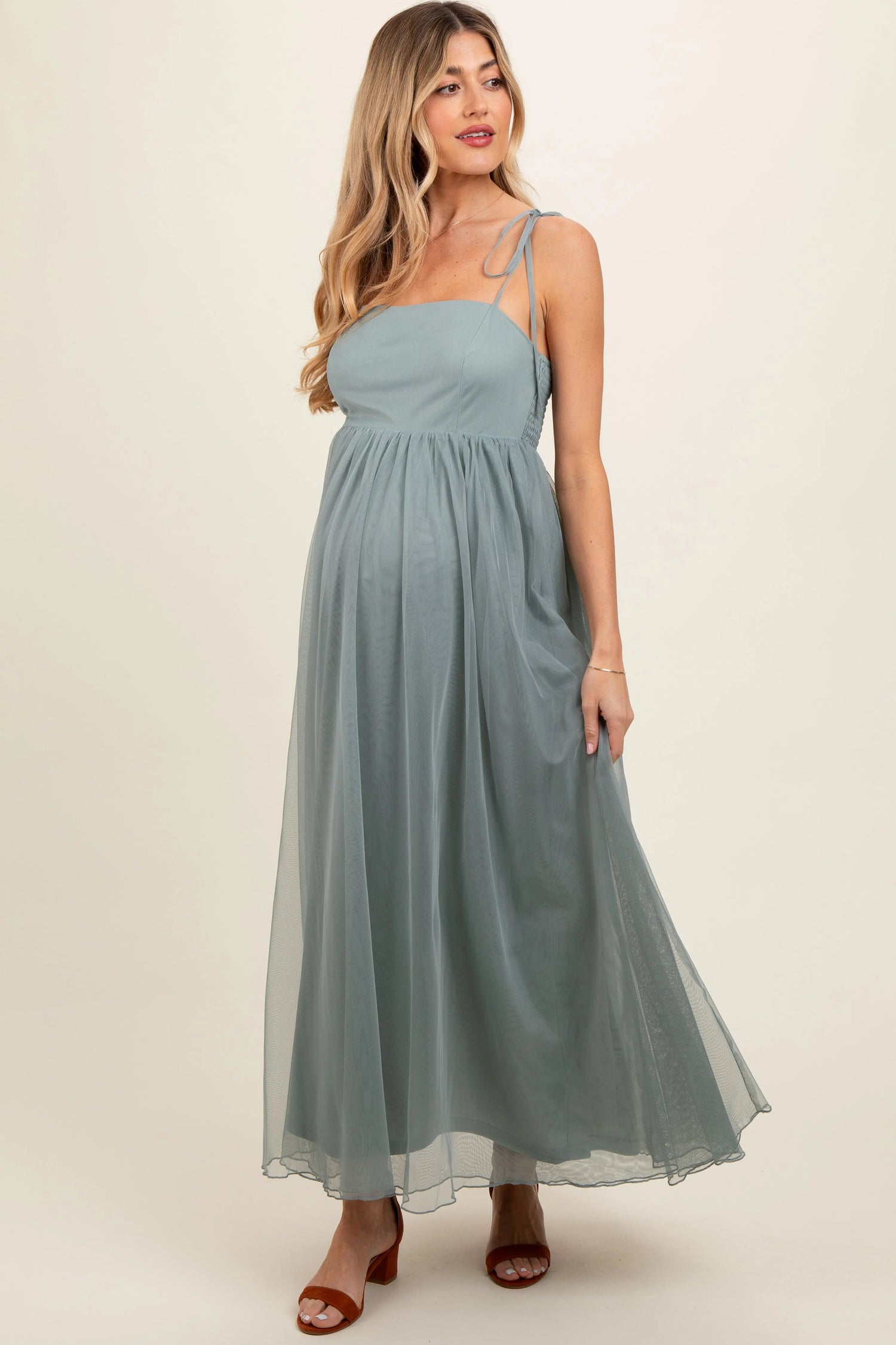 PinkBlush Green Square Neck Shoulder Tie Tulle Maternity Maxi Dress - 