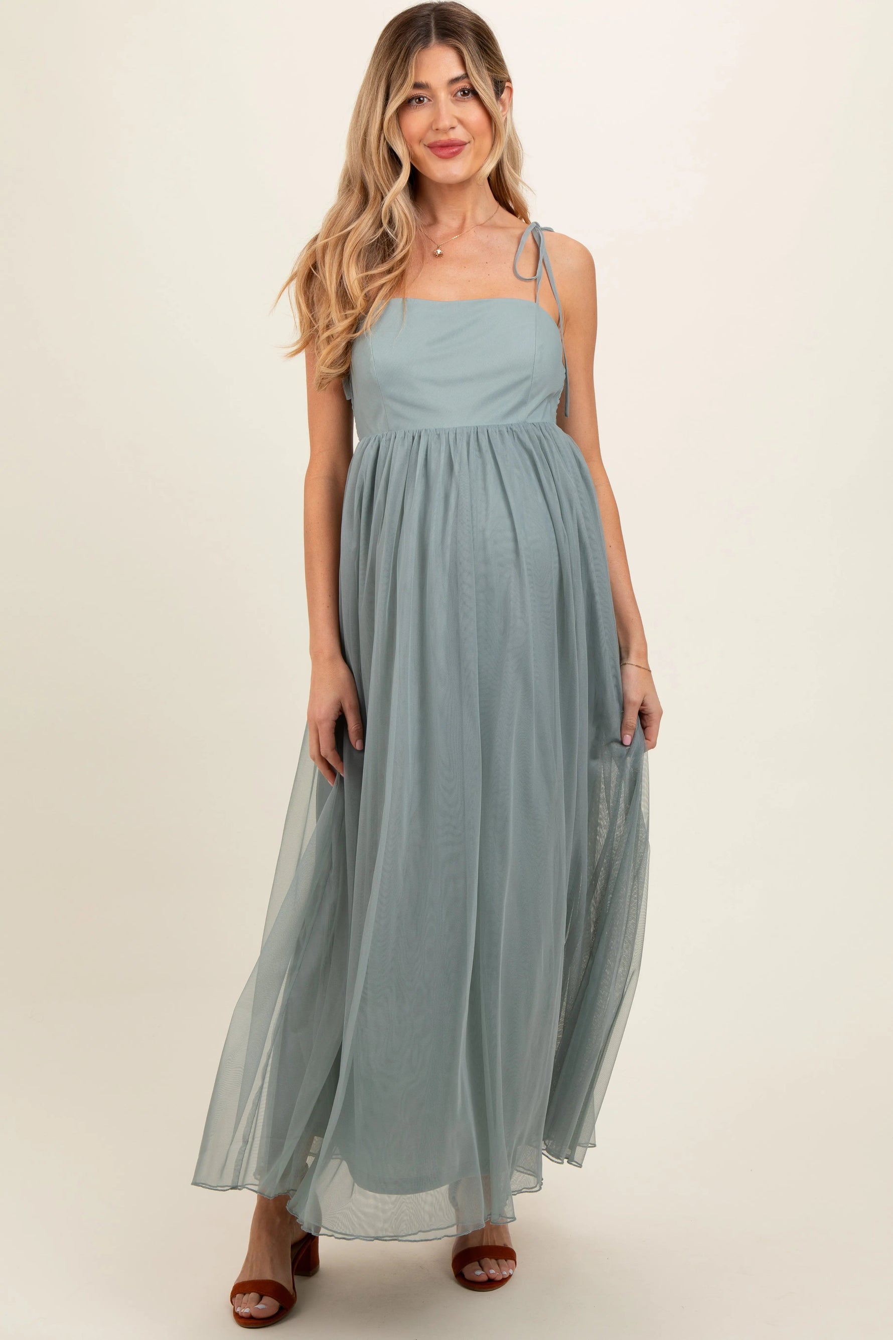 Green Square Neck Shoulder Tie Tulle Maternity Maxi Dress - Dress, Gown, One-piece garment, Blond, Waist | Everetts Place