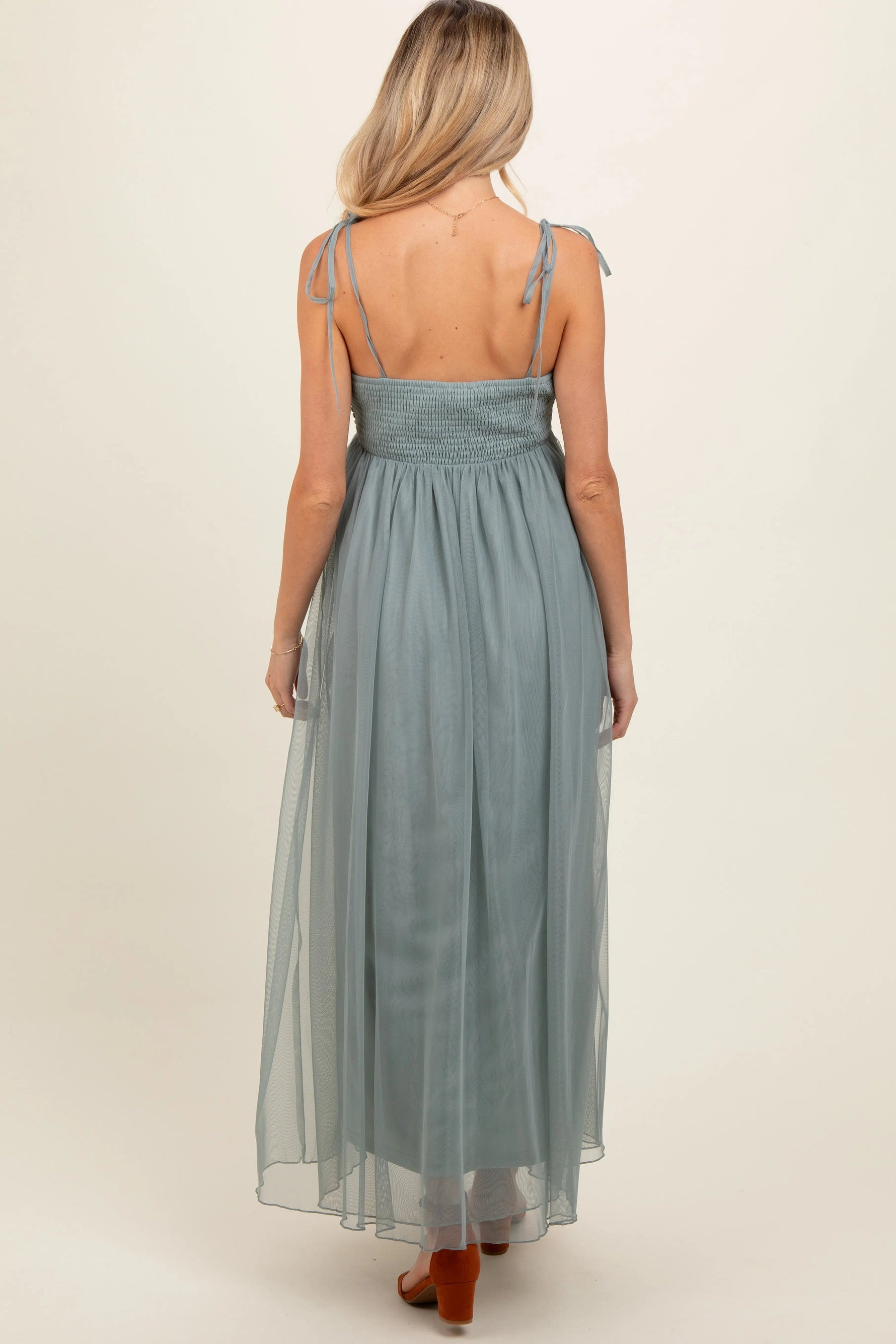 PinkBlush Green Square Neck Shoulder Tie Tulle Maternity Maxi Dress - 