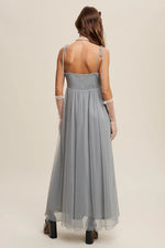 PinkBlush Green Square Neck Shoulder Tie Tulle Maxi Dress - 
