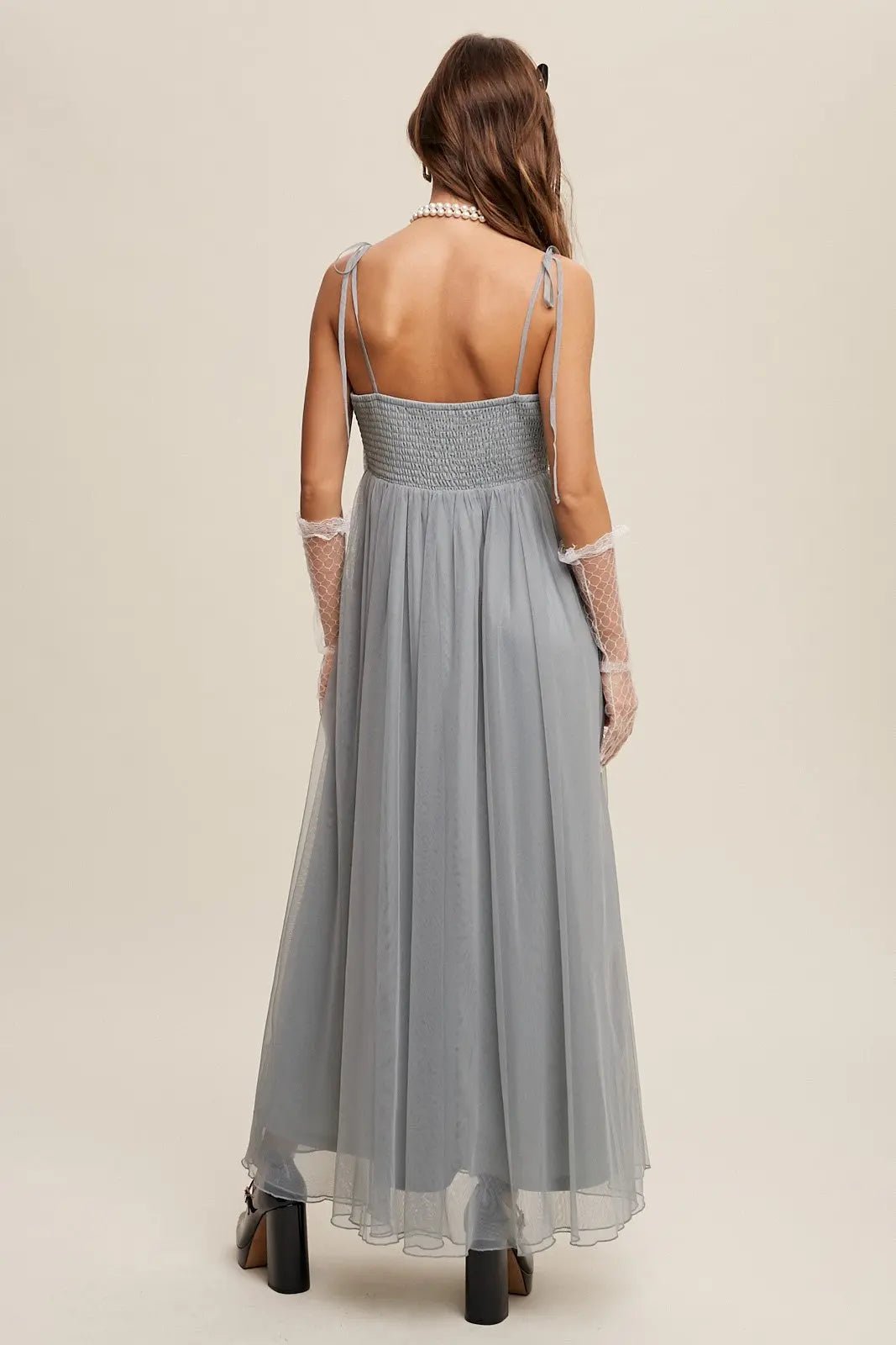 PinkBlush Green Square Neck Shoulder Tie Tulle Maxi Dress - 