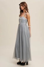 PinkBlush Green Square Neck Shoulder Tie Tulle Maxi Dress - 