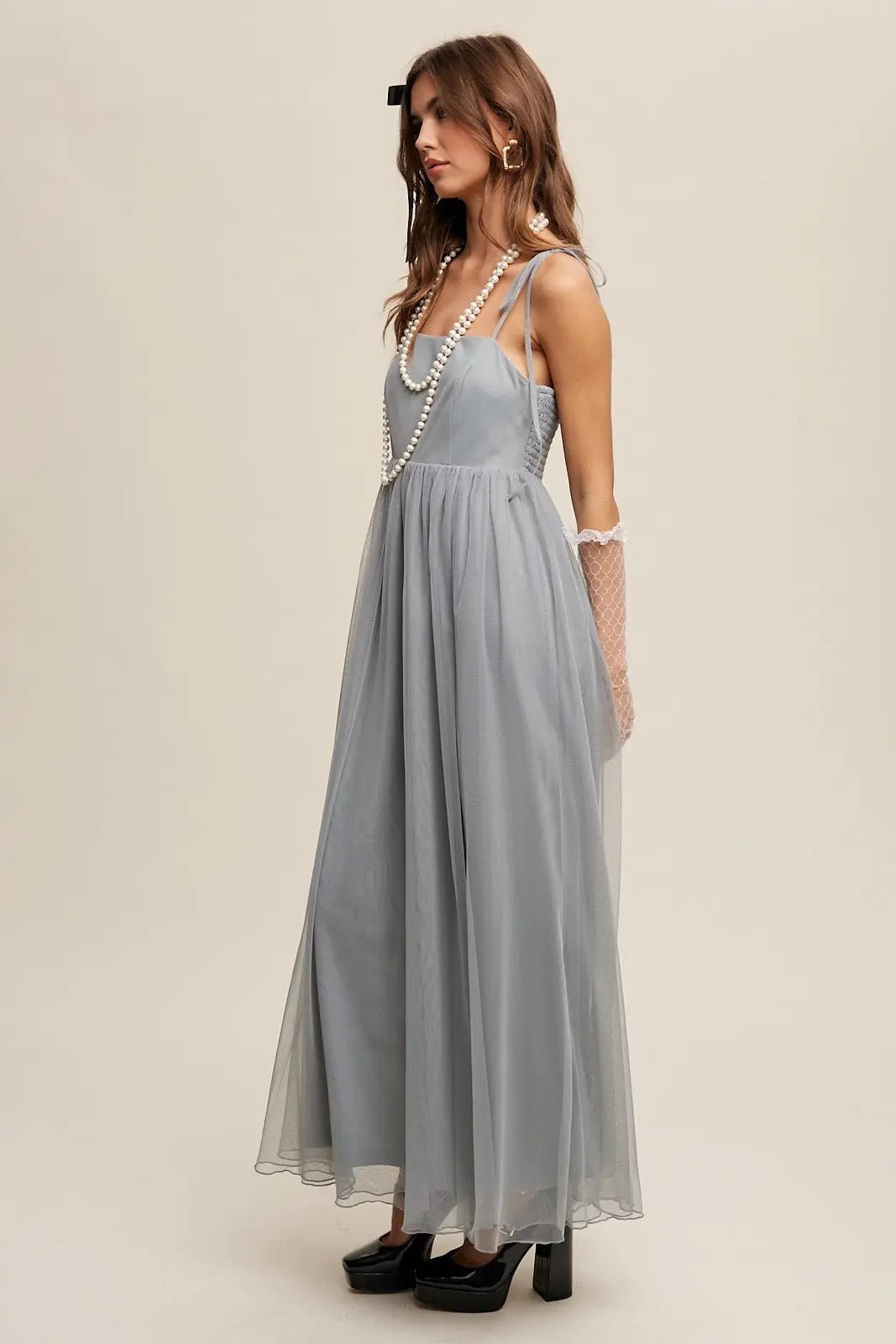 PinkBlush Green Square Neck Shoulder Tie Tulle Maxi Dress - 