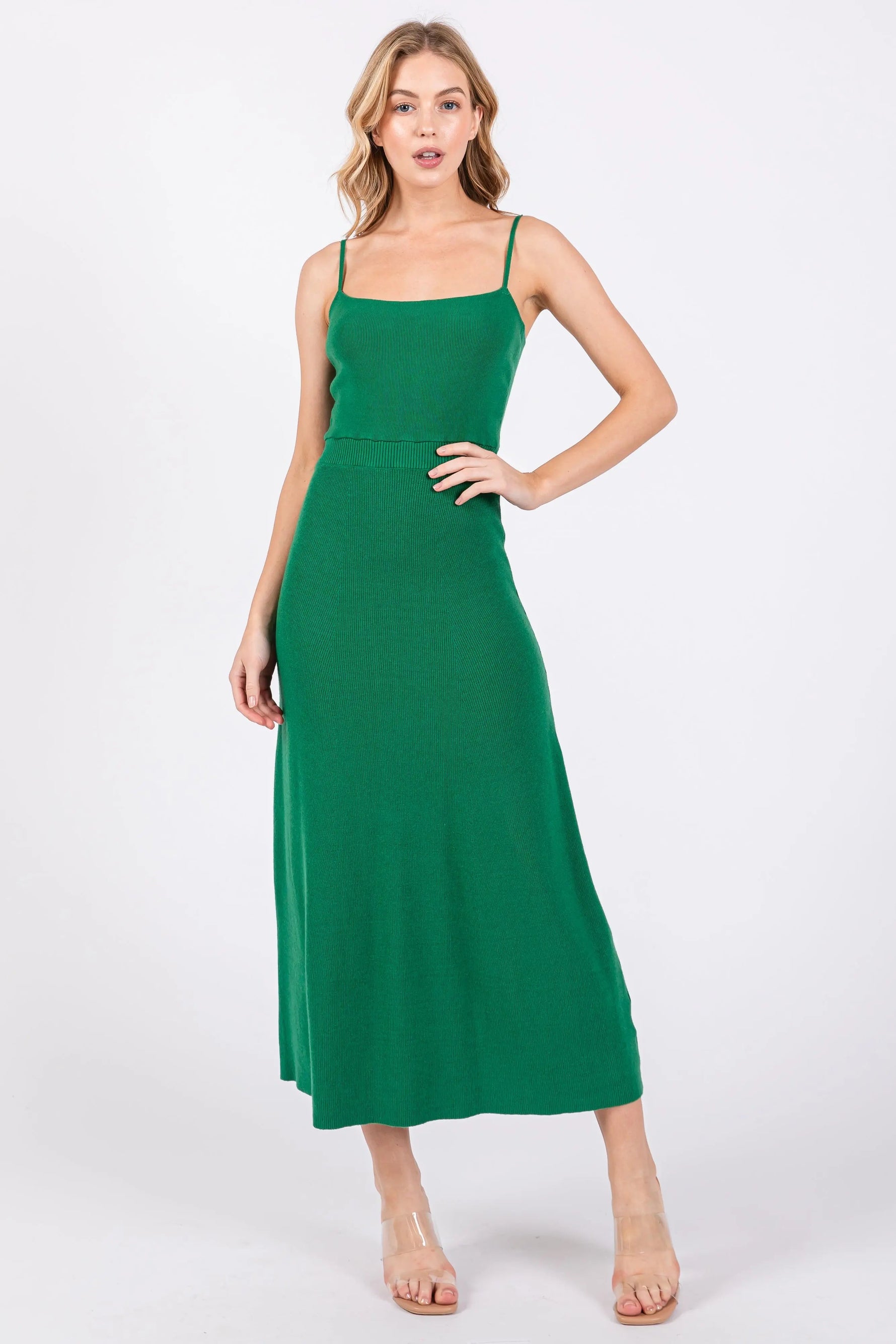PinkBlush Green Square Neck Sleeveless Sweater Midi Dress - 