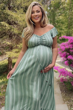 PinkBlush Green Striped Off Shoulder Front Tie Maternity Maxi Dress - 