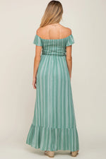 PinkBlush Green Striped Off Shoulder Front Tie Maternity Maxi Dress - 