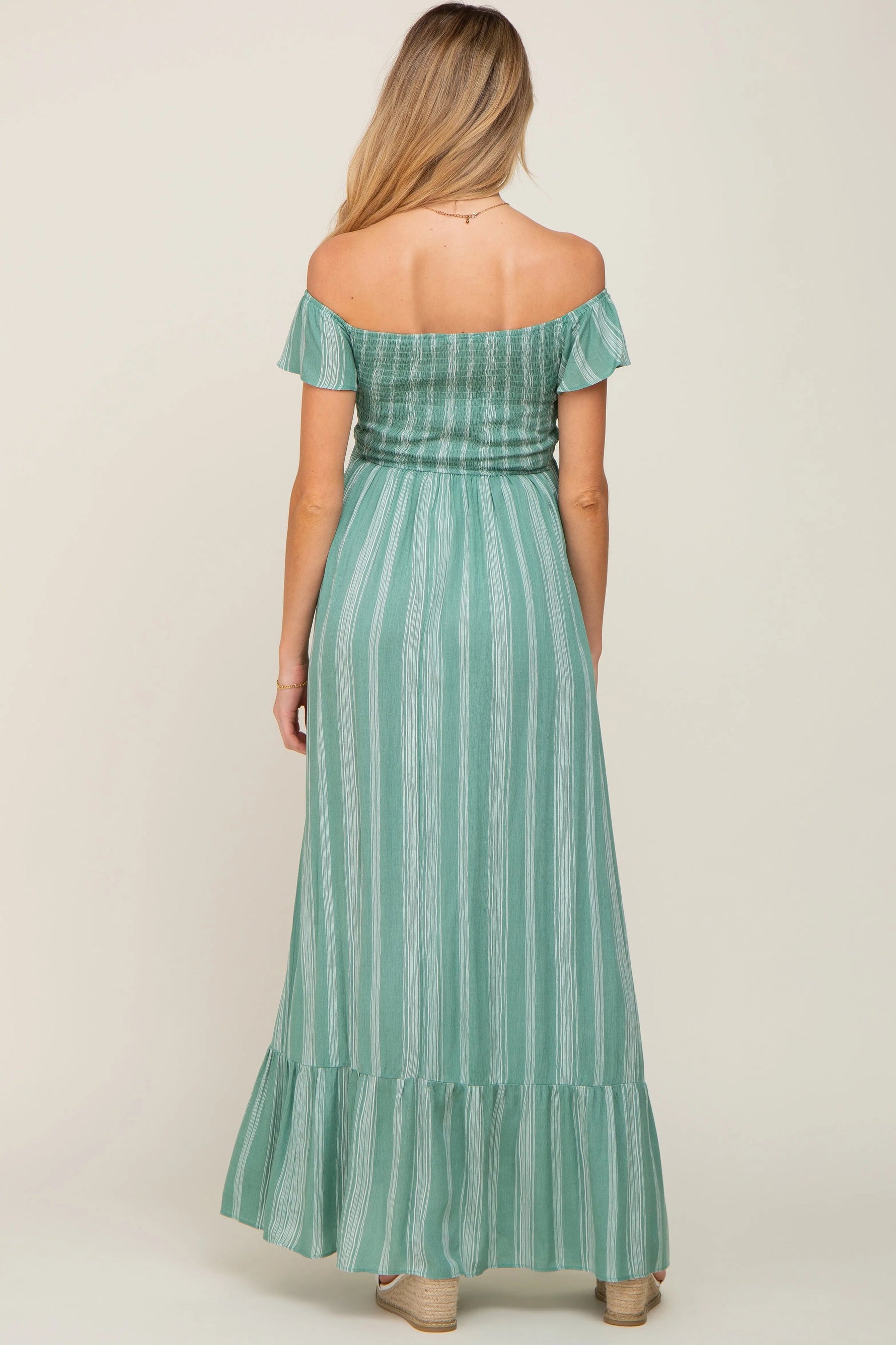 PinkBlush Green Striped Off Shoulder Front Tie Maternity Maxi Dress - 