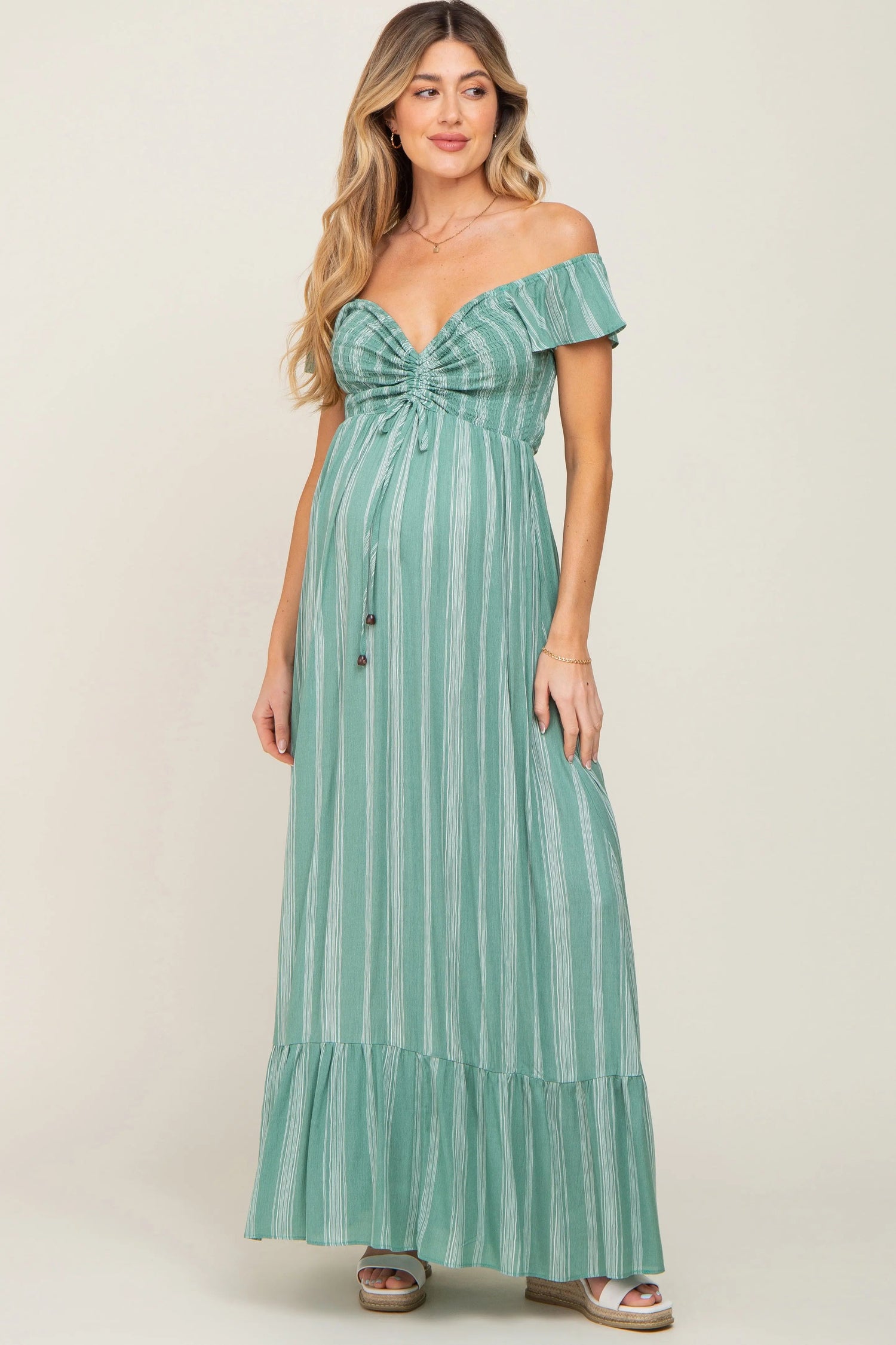 PinkBlush Green Striped Off Shoulder Front Tie Maternity Maxi Dress - 