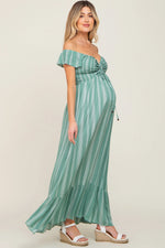 PinkBlush Green Striped Off Shoulder Front Tie Maternity Maxi Dress - 