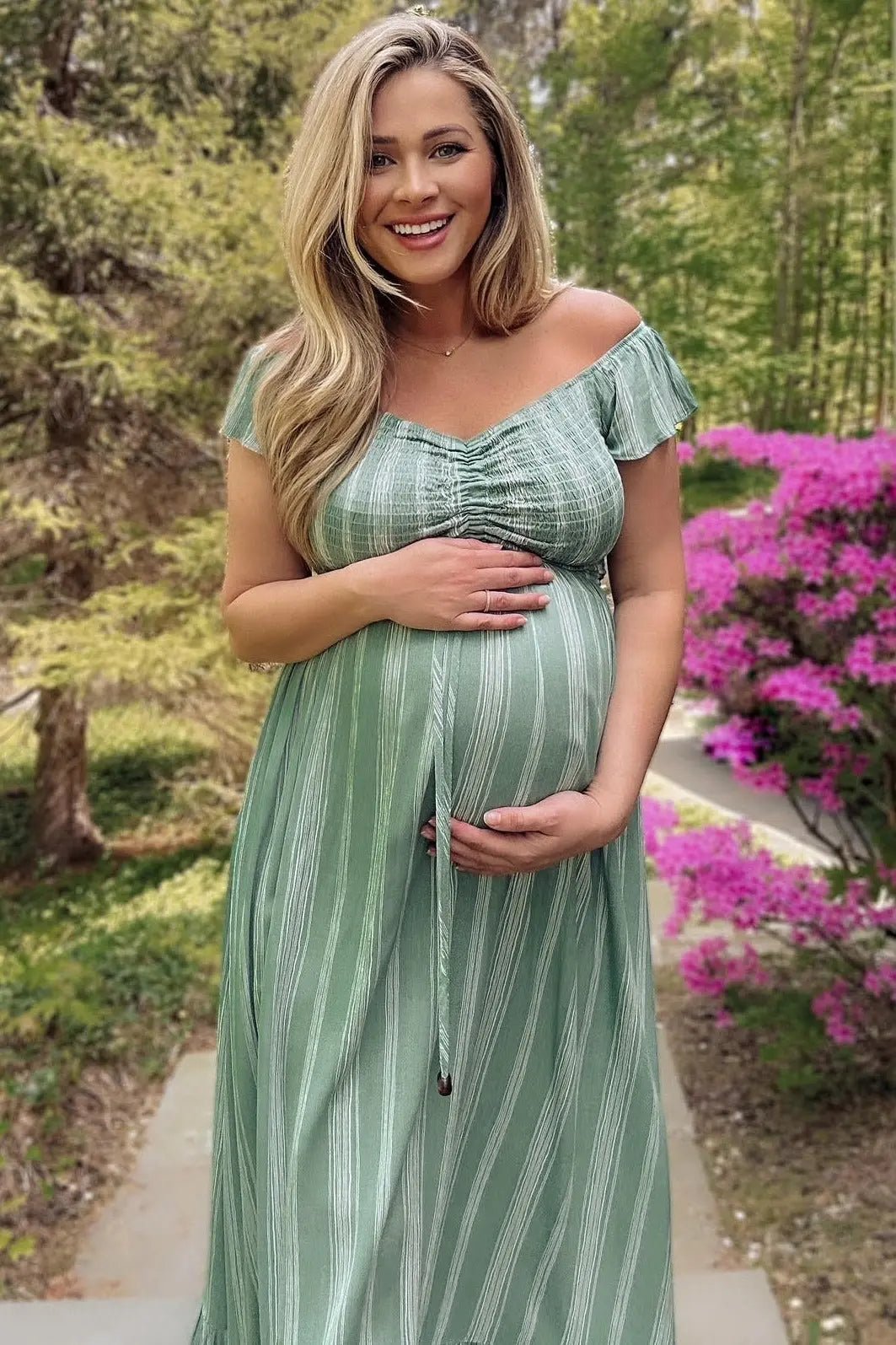 PinkBlush Green Striped Off Shoulder Front Tie Maternity Maxi Dress - 