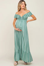 PinkBlush Green Striped Off Shoulder Front Tie Maternity Maxi Dress - 