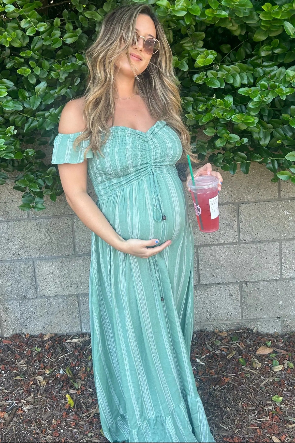 PinkBlush Green Striped Off Shoulder Front Tie Maternity Maxi Dress - 
