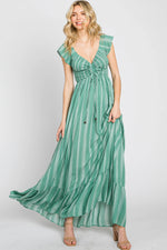 PinkBlush Green Striped Off Shoulder Front Tie Maxi Dress - 