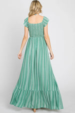 PinkBlush Green Striped Off Shoulder Front Tie Maxi Dress - 