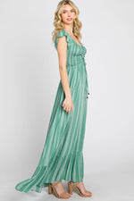PinkBlush Green Striped Off Shoulder Front Tie Maxi Dress - 