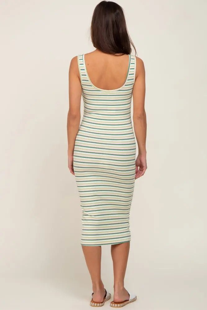 PinkBlush Green Striped Ribbed Fitted Maternity Midi Dress - 