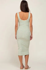 PinkBlush Green Striped Ribbed Fitted Maternity Midi Dress - 