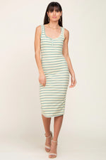 PinkBlush Green Striped Ribbed Fitted Midi Dress - 