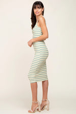 PinkBlush Green Striped Ribbed Fitted Midi Dress - 