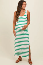 PinkBlush Green Striped Sleeveless Side Slit Maternity Maxi Dress - 