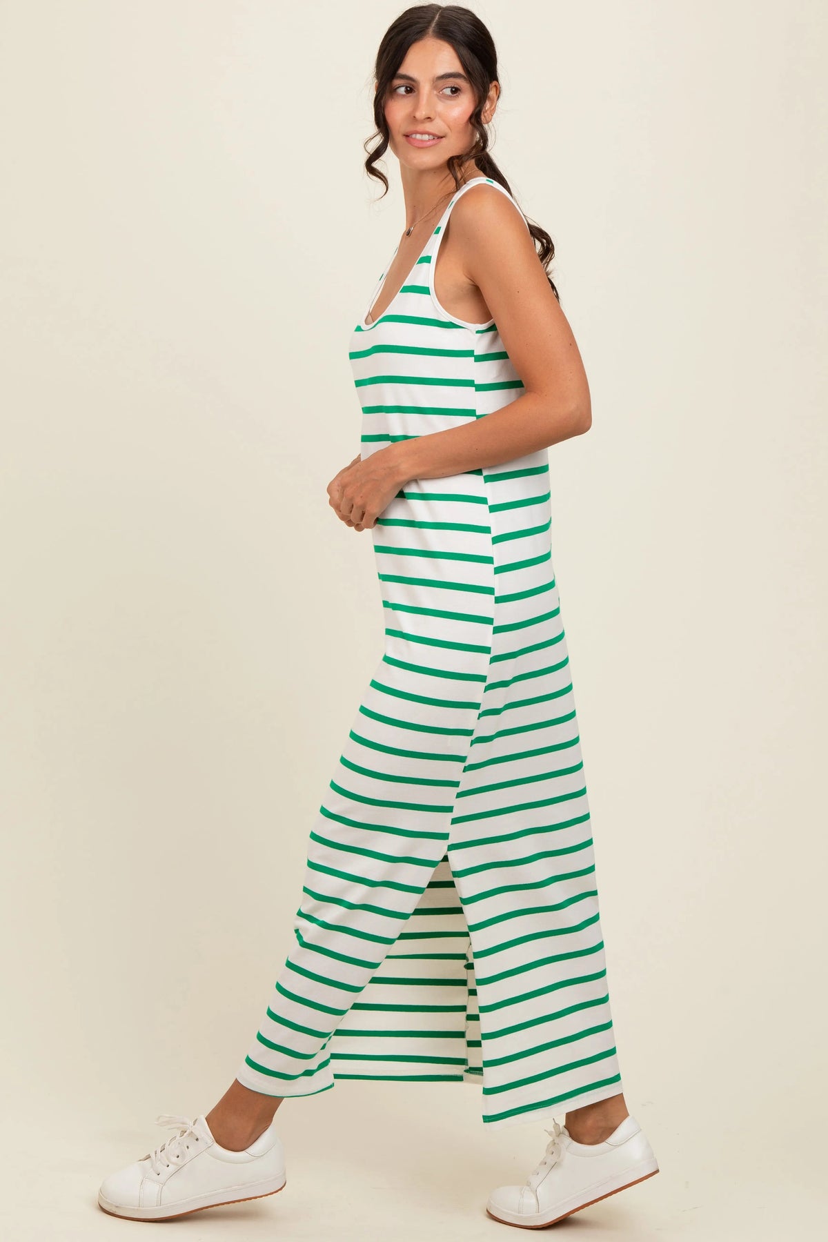 PinkBlush Green Striped Sleeveless Side Slit Maxi Dress - 