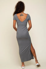PinkBlush Grey Basic Ribbed Side Slit Midi Dress - 