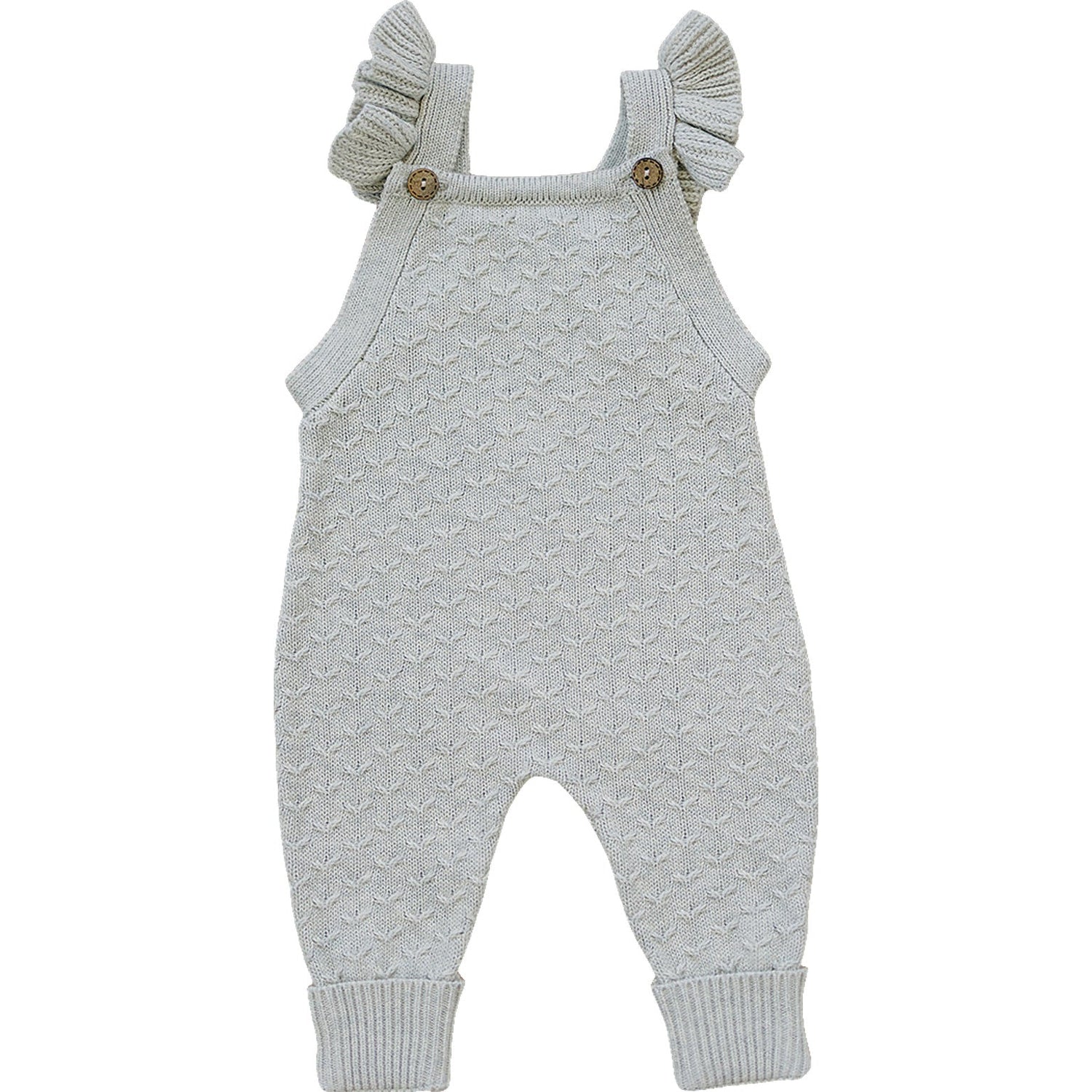 Grey knit baby overalls with ruffle detailing along the shoulder straps