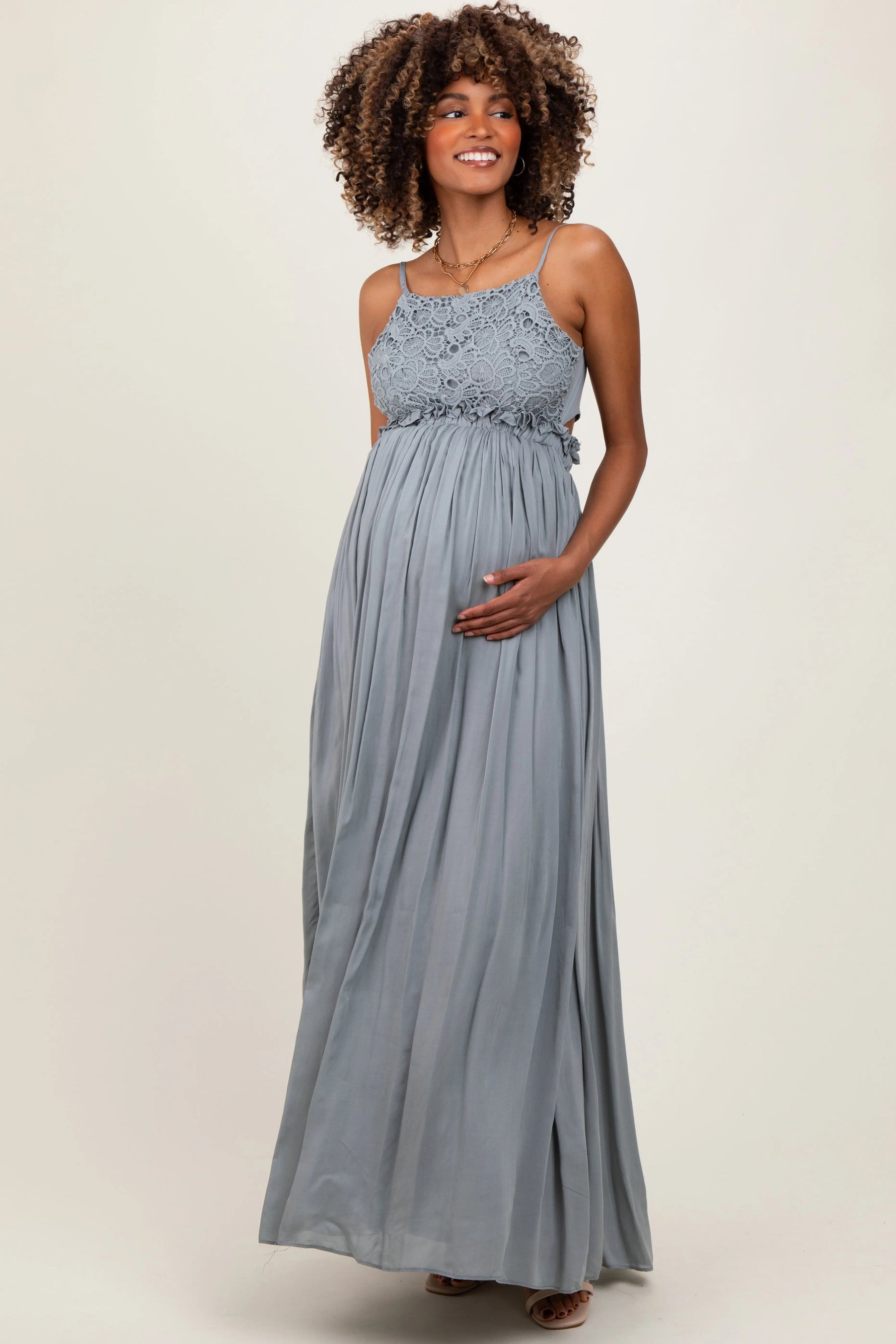 PinkBlush Grey Lace Bodice Cutout Tie Back Maternity Maxi Dress - 