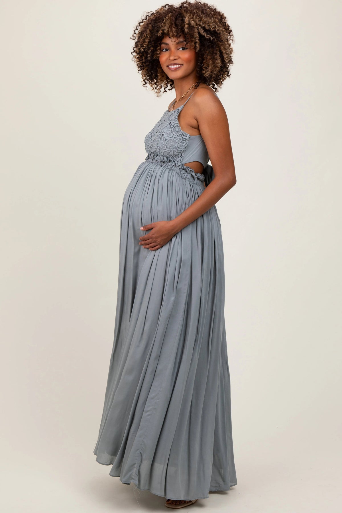 PinkBlush Grey Lace Bodice Cutout Tie Back Maternity Maxi Dress - 