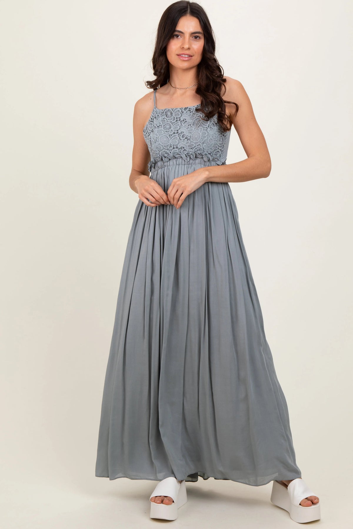 PinkBlush Grey Lace Bodice Cutout Tie Back Maxi Dress - 