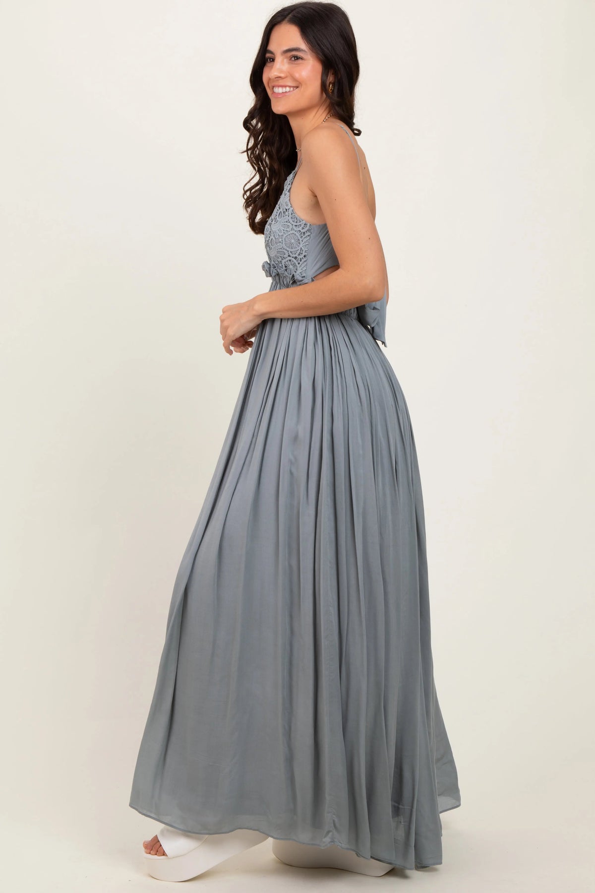 PinkBlush Grey Lace Bodice Cutout Tie Back Maxi Dress - 